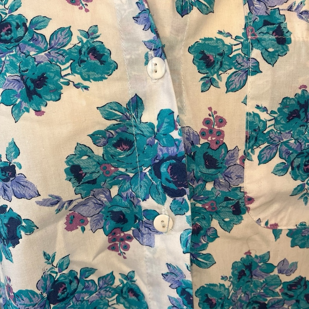 Vintage 90s floral print button down short sleeve shirt white blue M - Picture 13 of 16
